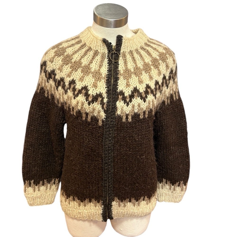 Handknit Icelandic Wool Sweater Women's Brown Cream Cardigan Fair Isle Sz. M